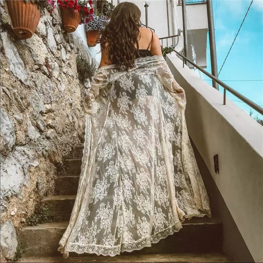 White Maxi Kimono Beach Cover Up Lace Duster - Picture 2 of 5